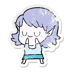 distressed sticker of a happy cartoon elf girl