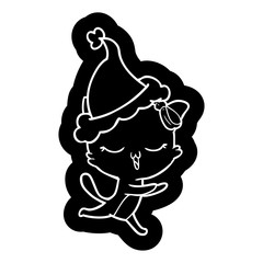 cartoon icon of a cat with bow on head wearing santa hat