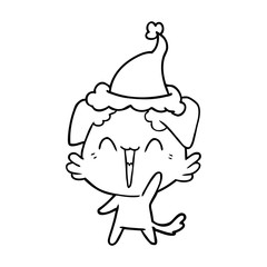 happy little dog line drawing of a wearing santa hat