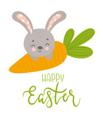 bunny on a carrot on a white background and the inscription Happy Easter. greeting card