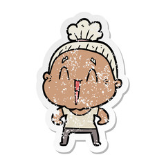 distressed sticker of a cartoon happy old lady