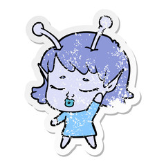 distressed sticker of a cute alien girl cartoon