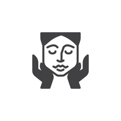 Face massage vector icon. filled flat sign for mobile concept and web design. Woman face and hands glyph icon. Beauty treatment symbol, logo illustration. Pixel perfect vector graphics