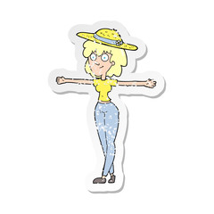 retro distressed sticker of a cartoon woman spreading arms