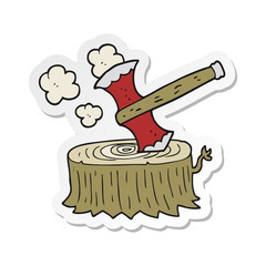 sticker of a cartoon tree stump and axe