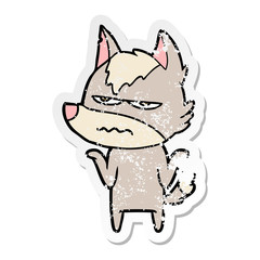 distressed sticker of a cartoon annoyed wolf