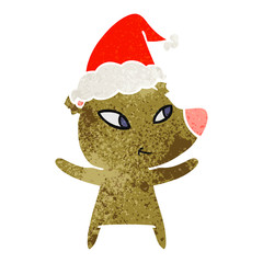 cute retro cartoon of a bear wearing santa hat