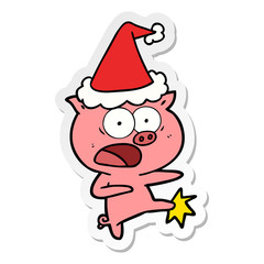 sticker cartoon of a pig shouting and kicking wearing santa hat