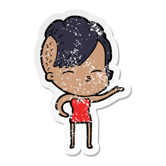 distressed sticker of a cartoon squinting girl