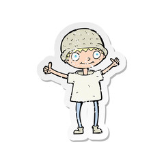 retro distressed sticker of a cartoon boy with positive attitude