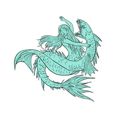 Drawing sketch style illustration of a a mermaid or siren grappling a sea serpent or monster on isolated white background.