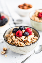 Oatmeal porridge with berries, seeds and nuts in bowl. Healthy breakfast, vegan or vegetarian diet, weight loss, paleo food concept