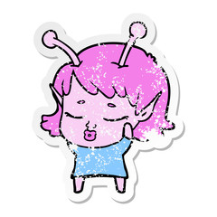 distressed sticker of a cute alien girl cartoon