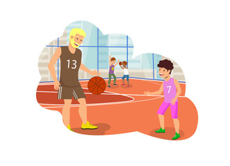 Vector Flat Dad and Son Playing in Basketball.
