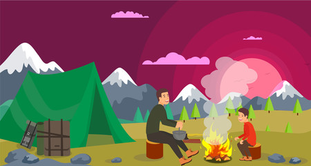 Fototapeta na wymiar Vector Illustration Hiking Trip with Bonfire.