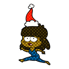 comic book style illustration of a tired woman wearing santa hat