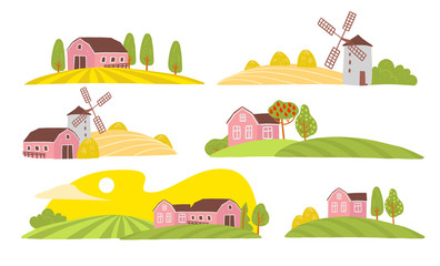 Vector collection of cozy farm landscape view: house, garden, trees, field, haystack, windmill isolated on white background. Flat hand drawn style. For label, farmer market illustration, banner, logo.