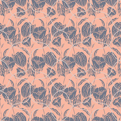 Fototapeta premium Seamless geometric pattern with tulips, poppies, lilies, leaves and ropes.