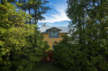 Yellow wooden house between tall green trees