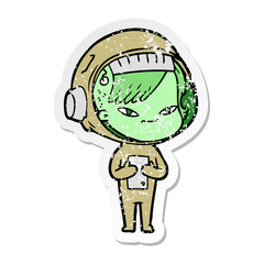 distressed sticker of a cartoon astronaut woman