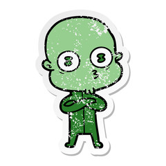 distressed sticker of a cartoon weird bald spaceman