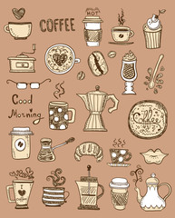 Doodle set of coffee drawings, handmade sketches.