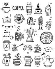 Doodle set of coffee drawings, handmade sketches.