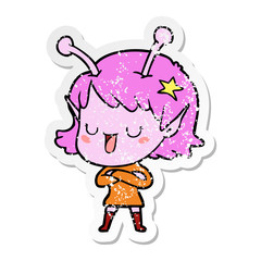 distressed sticker of a happy alien girl cartoon
