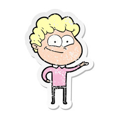 distressed sticker of a cartoon happy man