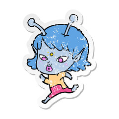 distressed sticker of a pretty cartoon alien girl running