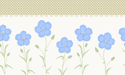 Seamless border with blue flowers and green leaves on a beige background. Summer background. Vector illustration.