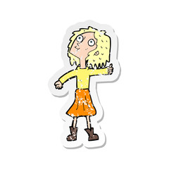 retro distressed sticker of a cartoon woman looking up to the sky