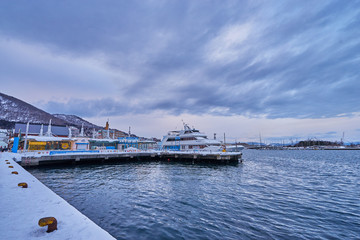 Fototapeta premium Port around Kanemori Red Brick Warehouse in winter season at Hakodate city, Hokkaido, Japan.