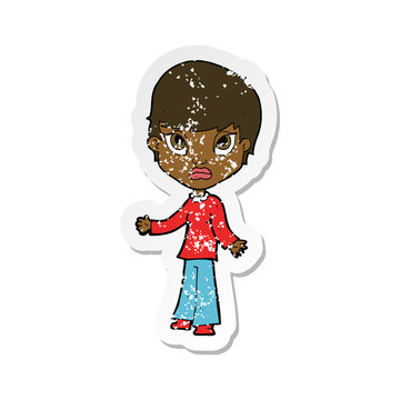 recommend clip art: retro distressed sticker of a cartoon woman shrugging shoulders