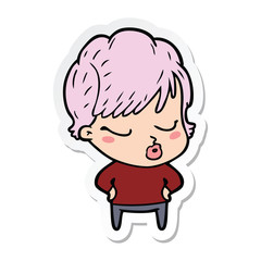 sticker of a cartoon woman with eyes shut