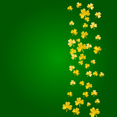 Shamrock background for Saint Patricks Day. Lucky trefoil confetti. Glitter frame of clover leaves.	 Template for special business offer, banner, flyer. Merry shamrock background.