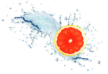 grapefruit splashing water isolated on white