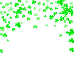Clover background for Saint Patricks Day. Lucky trefoil confetti. Glitter frame of shamrock leaves. Template for special business offer, banner, flyer. Dublin clover background.