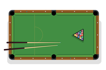 Billiard table, pool stick and billiard balls for game. Pool table with triangle, balls and cua top view.