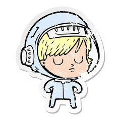 distressed sticker of a cartoon astronaut woman