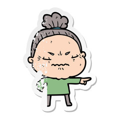 distressed sticker of a cartoon annoyed old lady