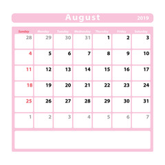 Calendar sheet for the month of august 2019, pink colour