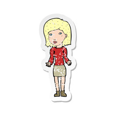retro distressed sticker of a cartoon woman shrugging shoulders