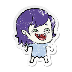 distressed sticker of a cartoon laughing vampire girl