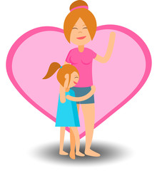 Moder s day card. Mom hugs daughter. She holding her child on hands and embrace. Happy family. Smiling cute women and girl. Poster or baner with cartoon characters isolated on white