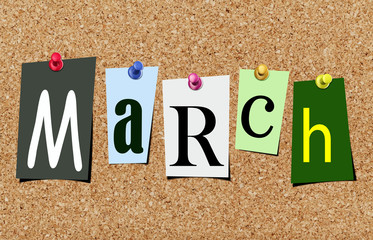 The march magazine cutout letters pinned to cork noticeboard