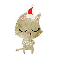 calm retro cartoon of a cat wearing santa hat