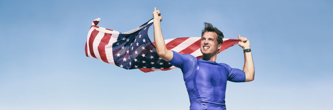 USA American Athlete Waving Flag In Success Winning Competition Race On Blue Background Panoramic Banner. Man Sports Win First Place.