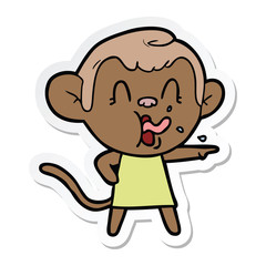 sticker of a crazy cartoon monkey in dress pointing