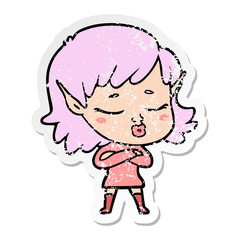 distressed sticker of a pretty cartoon elf girl